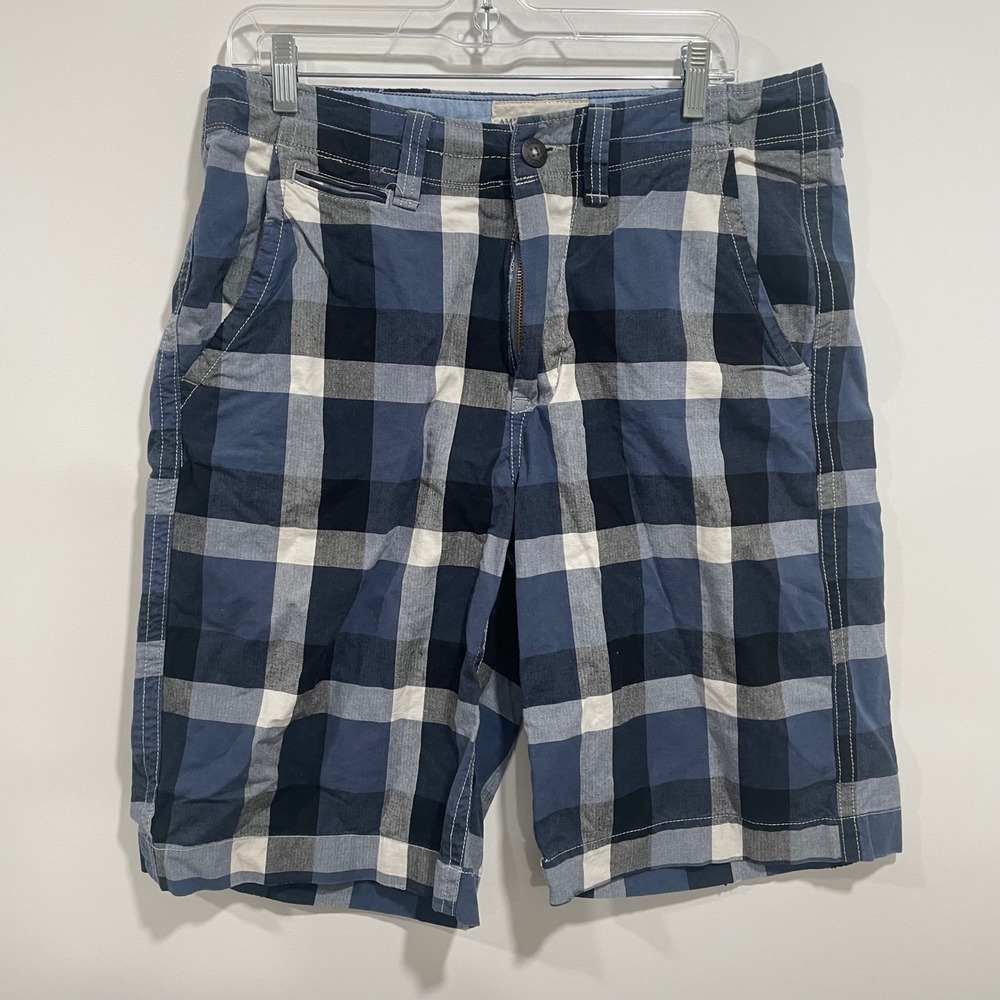 American Eagle Outfitters Plaid Shorts Mens 32 Blue White Longer Length Cotton